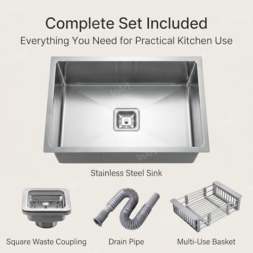 Image of InArt 304 Grade Stainless Steel Single Bowl Handmade Kitchen Sink 2mm Thickness High Grade Stainless Steel with Coupling and Fruit Basket (21 inch X 18 inch X 9 inch Inches)