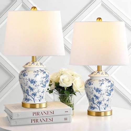 QiMH Chinoiserie Ceramic Table Lamps Set of 2 for Living Room Vintage Traditional Bedside Lamps for Night Stands 22 Large Blue and White Table Lamp for Bedroom Cottage Gold(LED Bulbs Included)