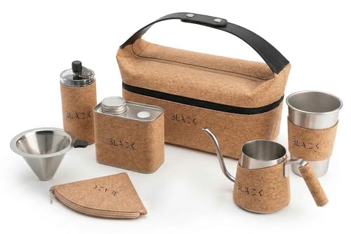 V60 coffee kit Portable Coffee Travel Set - Premium Natural Cork Insulated Kit - Includes Manual Burr Grinder Gooseneck Kettle Stainless Steel Cup Filter Holder & Luxury Carrying Case