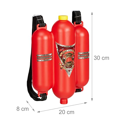 Relaxdays Feuerwehr Wasserspritze, 2,5 l Wassertank, 5 m Reichweite, 2 Sprühfunktionen, Löschrucksack Kinder, rot-gelb, 15 x 30 x 6 cm