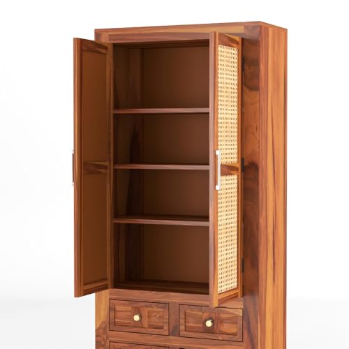 Image of PS DECOR Solid Sheesham Wood Book Shelf Cabinet with Cane Rattan Doors & 4 Drawers | Modern Wooden Bookshelf Storage Unit for Home Library, Living Room & Office (Honey Finish)