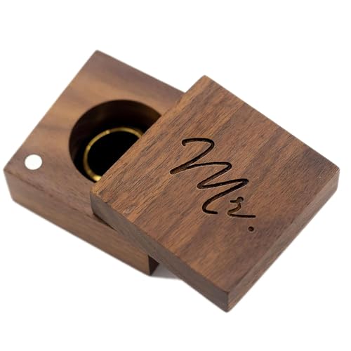 MUUJEE Mr Ring Box - Engraved Wooden Ring Box for Wedding Ceremony Ring Bearer Box - Anniversary Birthday Gift for Husband Him
