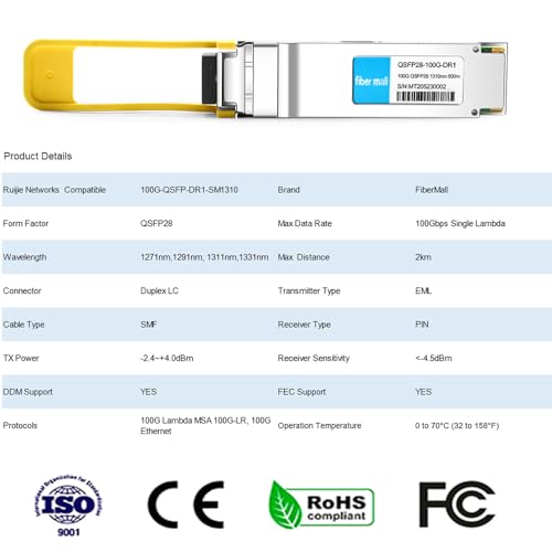 Image of 100G QSFP28 DR Single Lambda Optical Transceiver Module,Compatible with Ruijie Networks 100G-QSFP-DR1-SM1310,100GBASE-DR QSFP28 1310nm 500m Duplex LC SMF with FEC DDM