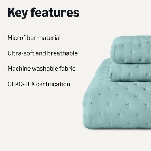 Image of Amazon Basics Brushed Microfiber Quilt Set, Extra Soft with Natural Texture, 3-Piece, Queen /Full, Blue