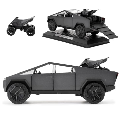 TGRCM-CZ 1/32 Tesla Cybertruck Elektrisches Pick-Up LKW Modell Auto Mit einem Motorrad, Zink Legierung Pull Back Spielzeugauto mit Ton und Licht für Kinder Jungen Mädchen Geschenk (grau)