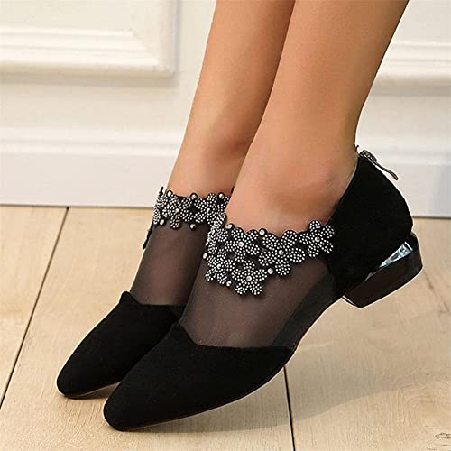 HOTRA Pointed Toe Wedding Rhinestone Slip On Suede Ankle Booties Breathable Ballet Block Heel Shoes (Color : Black2, Size : 8 US) 5