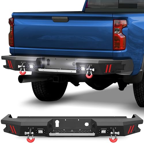 POFENZE 20-26 Chevy Silverado/GMC Sierra 2500/3500 Rear Bumper Full Width Offroad Bumper w/Step Plate, 2x18w Lights, D-rings for 2020-2026 Chevy Silverado and GMC Sierra 2500/3500 Trucks