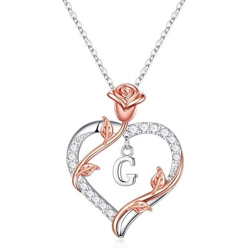 TINGN Gifts for Women Girls - Rose Heart Initial G Pendant Necklace Heart Necklaces for Womens Wife Personalized Gift Anniversary Birthday Gifts for Women Girls Girlfriend Valentines Gift for Her