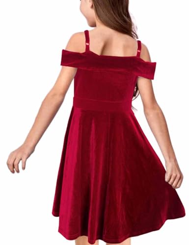 Teen Girls Princess Dresses Velvet Elegant Cold Shoulder A-line Swing Party Dress for Kids,8-14 Years2