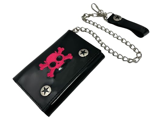Skull Crossbone Embroidered Shiny Patent Tri-fold Bikers Wallet with 16