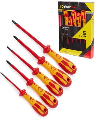 C.K Dextro VDE Set of 5 Screwdrivers SLP & PH Slotted Parallel Phillips Head PH1 PH2 SL Electricians Insulated Flat Head & Philips Screwdriver Sets Electrical Terminal Screw Driver Tools T49182D