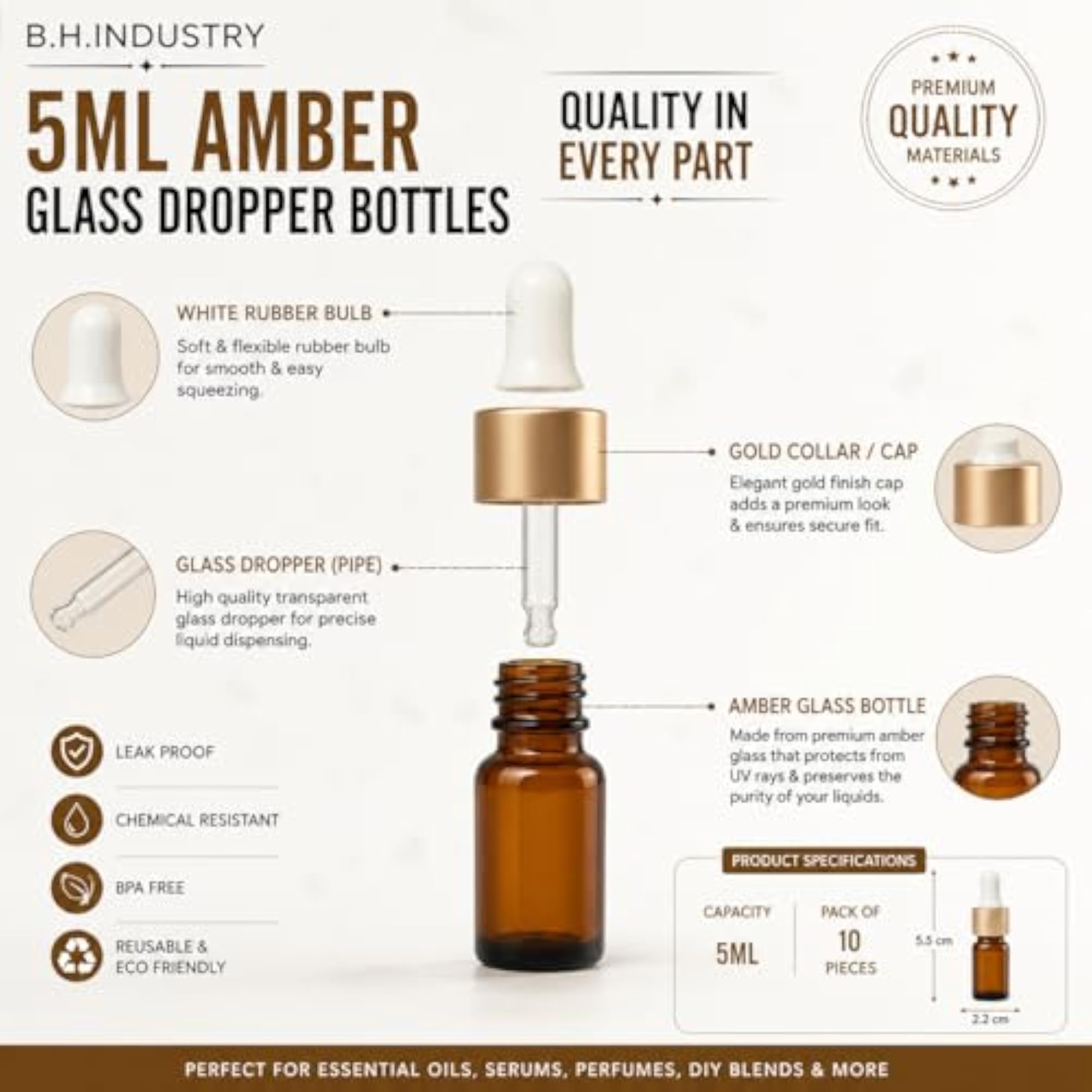 5ml Amber Glass Dropper Bottles with Golden Droppers