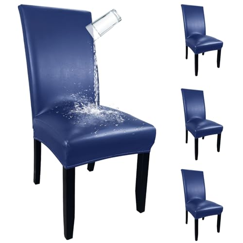 Pu Leather Dining Chair Covers Set of 4, Waterproof Kitchen Chair Covers for Protecting Chairs from Stain/Scratch, Soft & Elastic Parsons Chair Slipcover Well-Fitted for Dinning Room(Navy, 4Pcs) by KIDOACOW - Used condition - CA$33.98