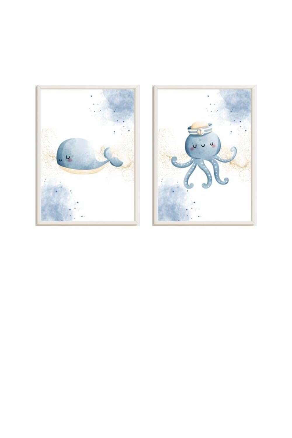 Duo tableau baleine bleue et poulpe : le cadeau de naissance idéal