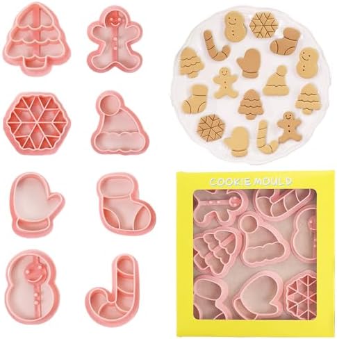 8pcs Christmas Cookie Cutter Set,Plastic Mini Christmas Biscuit Cutters,Xmas Tree Snowman Gingerbread Man Snowflake Cane Gloves Stocking Hat for Cookie Baking Christmas Decorations