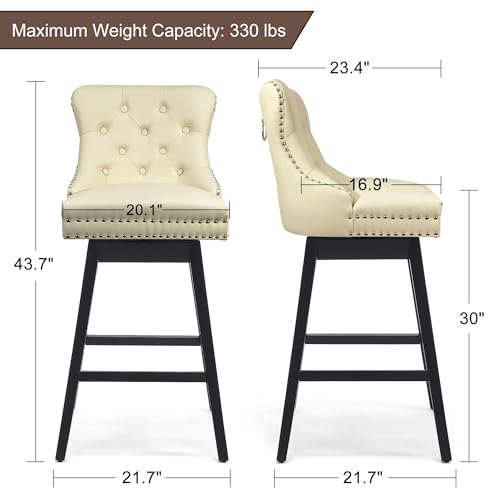 Image of Beige Swivel Bar Stools Set of 2, 30 Inch Counter Height Chairs | Swivel Faux Leather Barstools, Solid Wood Legs, Upholstered Kitchen Island Chairs with Back (Beige, 2 Pack, 30 inch H)