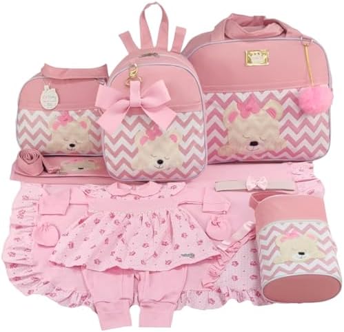 Kit Bolsa Maternidade 5 Pçs Urso Chevron + Saída maternidade Meni...