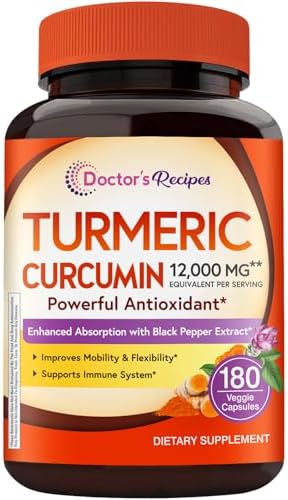 Doctor's Recipes Turmeric Curcumin with Black Pepper Extract 12000 mg, High Absorption Ultra Potency Turmeric Supplement with 95% Curcuminoids, Mobility and Immune Support, Vegan, Non-GMO, 180 Caps