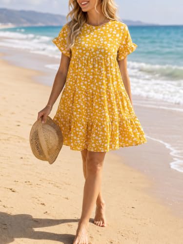 Image of Chuanqi Womens Ruffles Boho Floral Printed Babydoll Loose Swing Casual Short Mini T-Shirt Dress