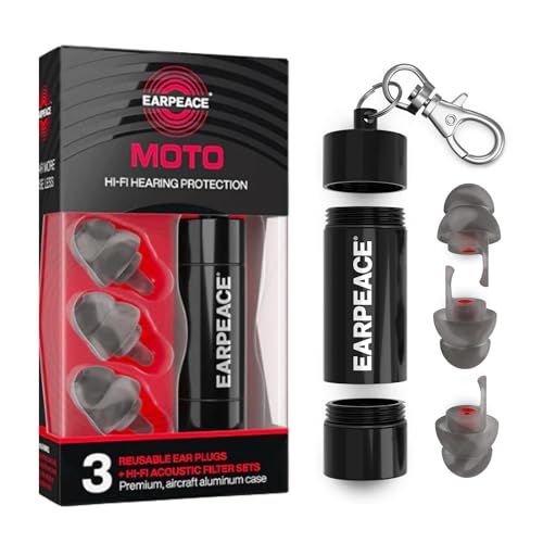 Earpeace Moto Original Noise Reduction Earplugs Reusable, High Fidelity Hearing Protection For Motorcycles, Motorsports, Touring, Commuting And Racing Medium Size Up To 26Db Noise Canceling Black Case