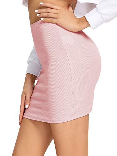 LYANER Saia feminina básica de malha canelada elástica curta, curta, colado ao corpo, rosa, PP