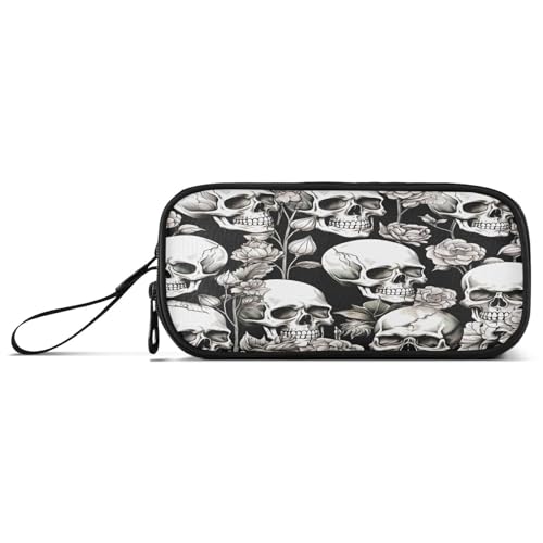 Image of Waassud White Skull Rose Pencil Case Large Capacity Pen Holder 3 Compartment Stationery Pen Bag Nylon Zipper Pouch for Office Artist