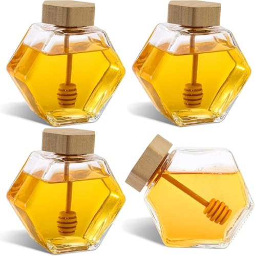 DEAYOU 4 Pack 7.7oz/220ml Honey Pot, Glass Honey Pot with Wooden Dipper, Honey Container Storage, Clear Honeypot for Home, Kitchen