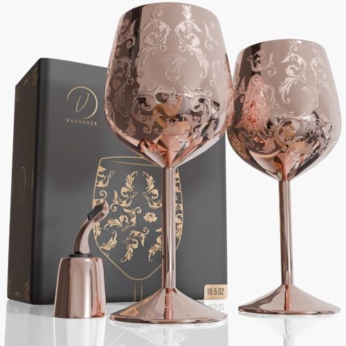 vaanshie 17oz Stainless Steel Wine Glasses | Gift for Valentines Day [Set of 2]–Rose Gold Royal Goblets with Intricate Baroque Engravings, Unbreakable and Shatterproof Wine Cups with Bottle Stopper
