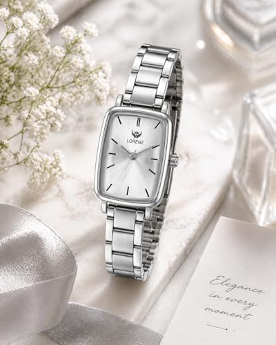 Image of LORENZ Women's Wrist Watch | Elegant Rectangular Silver Dial | Stainless Steel Strap | Slim Stylish Casual Formal Watch | Quartz Analog Watch for Women & Girls