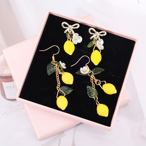 2 Pairs Lemon Dangle Earrings, Cute Summer Lemon Earrings Accessories for Women Dainty Yellow Fruit Lemons Bow Drop Earring for Birthday Party Role Play Gifts4