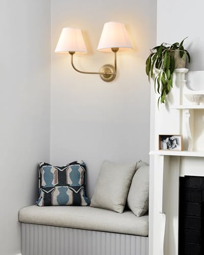 Image of Vintage 2-Lights Fabric Sconces Wall Lighting with White Cloth Shade, Double Arm Wall Lamp Fixture for Living Room Bathroom Bedroom Hallway