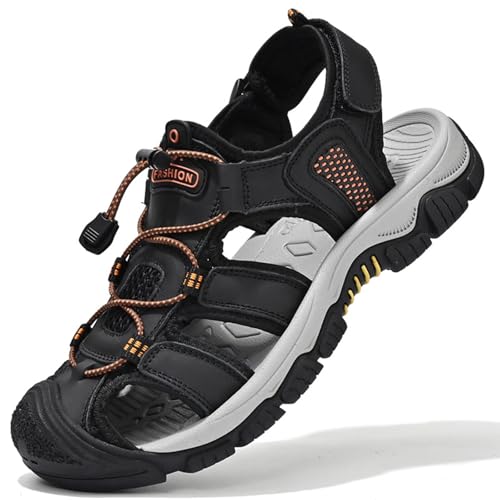 Men's Large Size Closed Toe Sandals, Fashion Real Leather Hiking Sandals, Hollow Out Backpacking Beach Shoes