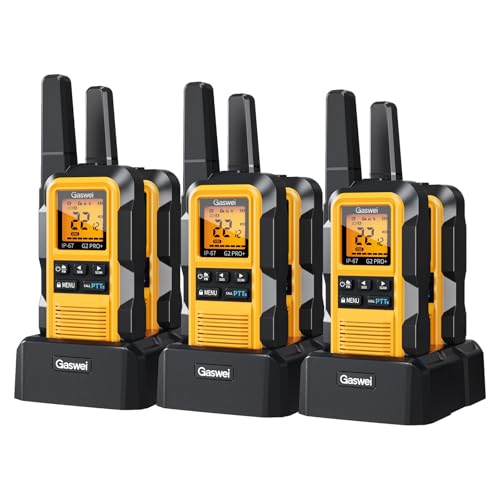 Gaswei G2pro+ IP67 Waterproof Floating Walkie Talkies Long Range for Adults, Rechargeable Heavy Duty Walkie Talkie with Double PTT,FM Radio,SOS,NOAA Weather,VOX, Two Way Radios(Yellow 6Pack)