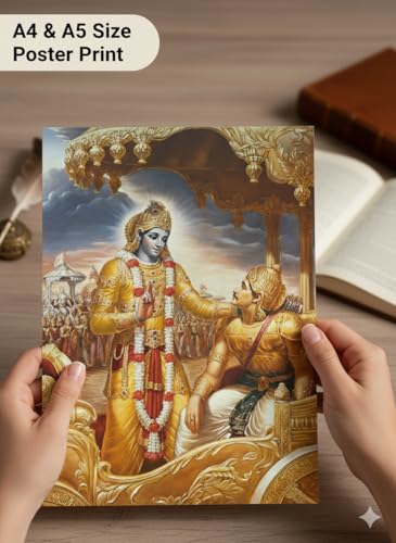 Image of Krishna Divine Wall Art Poster | Shri Krishna Ran Bhumi with Arjun Mahabharat Geeta Gyan | Divine Artwork for Home, Temple, and Meditation Spaces | 350GSM Paper (A5 21L x 14.8W)