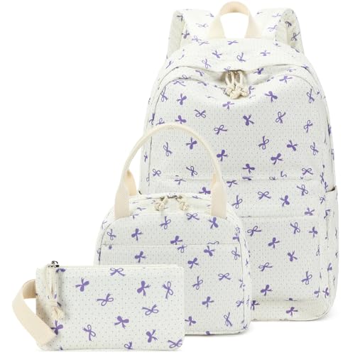 LEDAOU Mochila para meninas, mochila escolar, mochila infantil para adolescentes, conjunto de mochila com lancheira e estojo de lápis, Gravata borboleta roxa - bege, 17.3 x 11.8 x 5.5 inches, Mochila