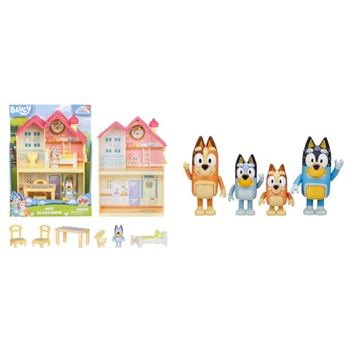 Bluey Mini Home Playset Compact House Playset With Carry Handle Three Different Rooms Kitchen & and Family: Bingo, Bandit and Chilli 4 Figure pack Articulated Character Action Figures