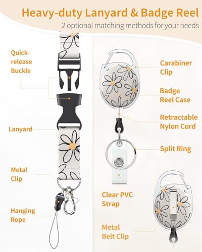 Image of ID Badge Holder with Lanyard, Floral Daisy Badge Holders Reels with Detachable Lanyards, Cute Rainbow Work Card Retractable Keychain Vertical ID Card forTeacher Students Nurse Office