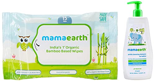 Image of Mamaearth Gentle Cleansing Natural Baby Shampoo (400 ml) & Mamaearth India's First Organic Bamboo Based Baby Wipes, 15 Wipes