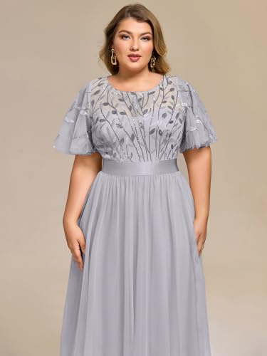 Image of Ever-Pretty Plus Women's Round Neck Embroidery Short Sleeves Sequin Tulle Midi Plus Size Cocktail Wedding Guest Dresses Grey US22