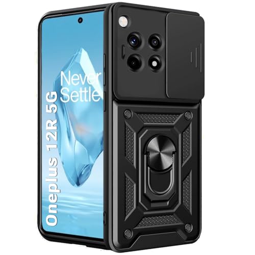 TheGiftKart Tough Armor Bumper Back Cover Case for OnePlus 12R 5G | Ring Holder & Kickstand in-Built | 360 Degree Protection Back Case Cover for OnePlus 12R 5G (PC & TPU, Sliding Camera Cover, Black)