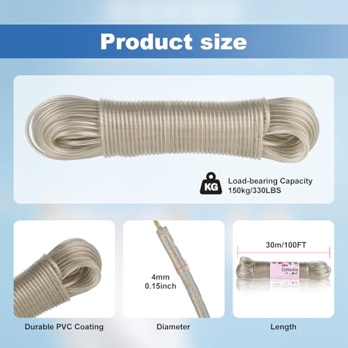 30m Wäscheleine Extra Stark mit Stahlkern – Reißfeste und Rostfreie Outdoor Wäscheleine, Belastbar bis 150kg, Ideal für Draußen, Garten, Camping und als Reisewäscheleine.