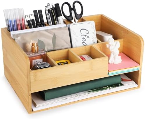 Navaris bureau-organizer met 3 lades - Van bamboe - 33x24x26 cm - Opbergkastje voor een opgeruimd bureau - Voor pennen, brieven, kantooraccessoires