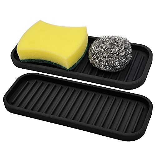 Silicone Sponge Holder Kitchen Sink Organizer Tray Dish Caddy Soap Dispenser Scrubber Spoon Holder Dishwashing Accessories 2 Pack (Black)
