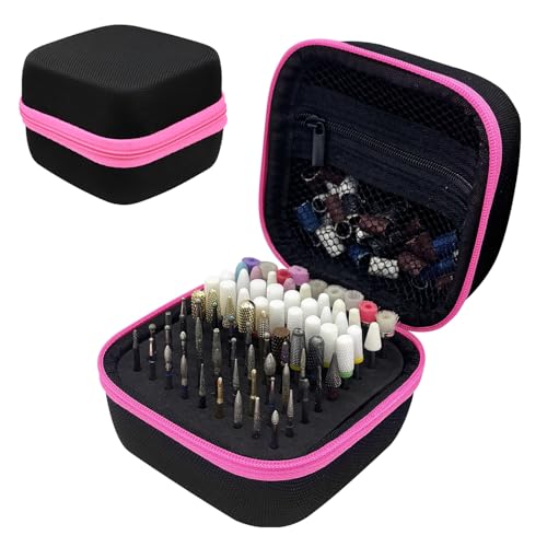 81 Holes Nail Drill Bit Holder (ONLY CASE),Dustproof Portable Organizer Storage Bag with Large Mesh Pocket & High Density Foam to Avoid Slipping & Scratches, Nail Bits Professional Manicure Tools,Pink
