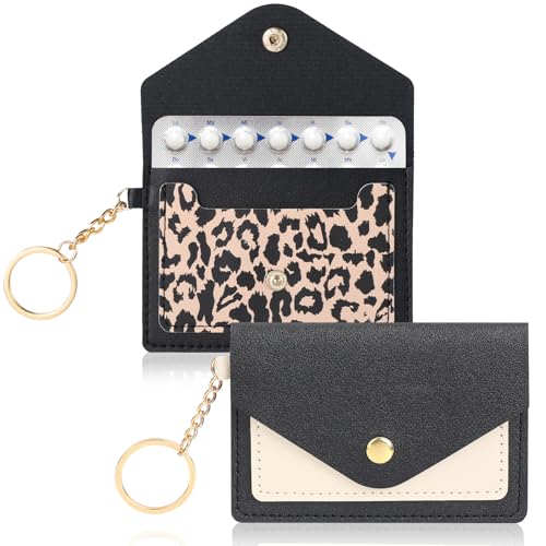 2 Pack Birth Control Pill Case Sleeve Packet 4.3 X 3 Inch PU Leather Wallet Pill Holder Privacy Protection Birth Control Pills Wallet with Key Ring for Pills Card Organizer Black