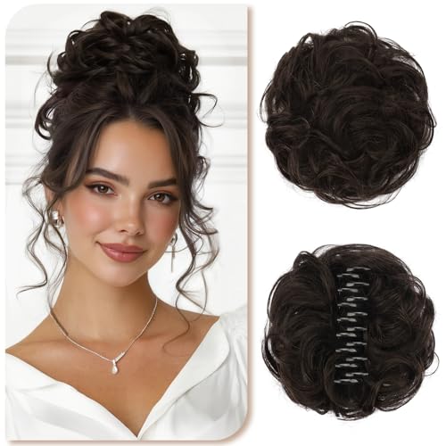 Sofeiyan Moño de Cabello Humano,Moño Rizado y Esponjoso con Pinza,Postizos Extensiones de Cabello con Clip para Mujeres, Castaño Oscuro y Castaño Claro Natural Rizado Ondulado Scrunchies