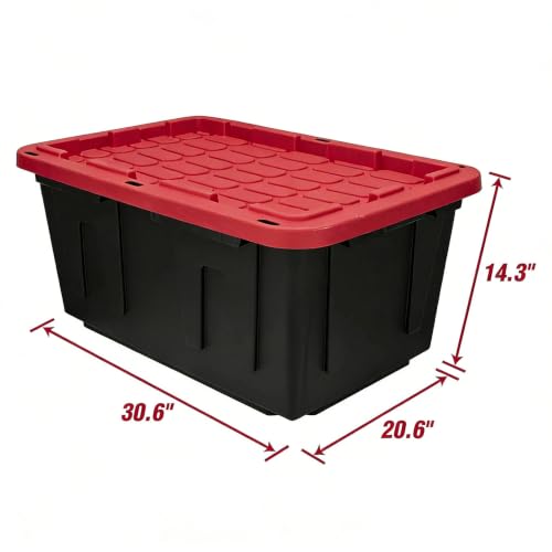 Image of 27 Gallon Heavy Duty Plastic Storage Bins with Lids, Black & Red (6)