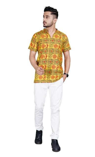 PK HUB Om Printed Kurta for Mens and Boys- Yellow, Pure Cotton Straight Kurta, Short Sleeve Mahadev Mahakal Kurta t Shirt PK HUB Om Printed Kurta for Mens and Boys- Yellow, Pure Cotton Straight Kurta, Short Sleeve Mahadev Mahakal Kurta t Shirt
