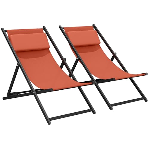 Outsunny Lot de 2 Bain de Soleil, Chaise Longue Pliante avec appuie-tête en textilène, transat Jardin extérieur inclinable de Plage Camping Piscine...