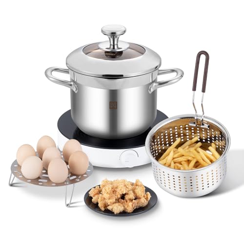 Friteuse en acier inoxydable 4L，Marmite à Friture en Acier Inoxydable avec Panier & Couvercle Verre pour Frites, Tempura, Gaz et Induction